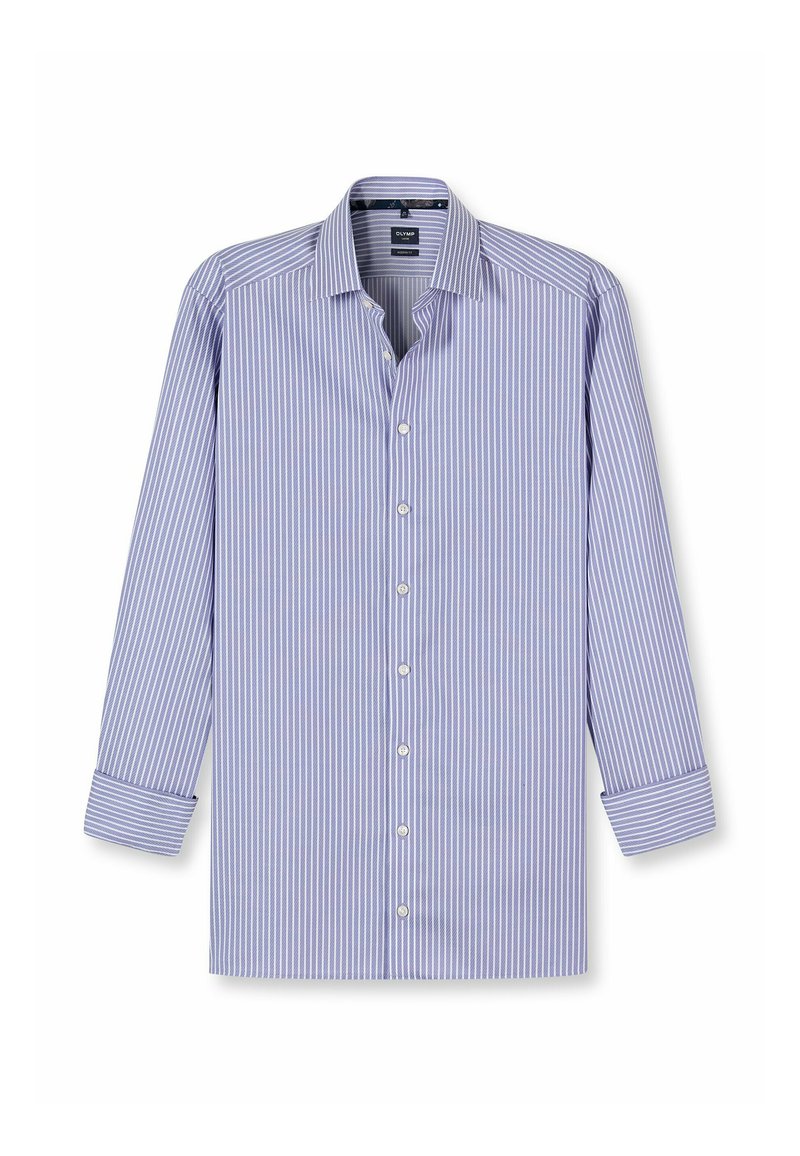 Hemdbluse in Hellblau mit weißen vertikalen Streifen. Verfügt über einen klassischen Kragen, lange Ärmel und weiße Knöpfe entlang der Vorderseite.