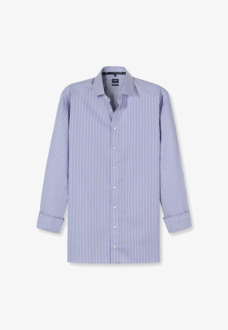 Hemdbluse in Hellblau mit weißen vertikalen Streifen. Verfügt über einen klassischen Kragen, lange Ärmel und weiße Knöpfe entlang der Vorderseite.