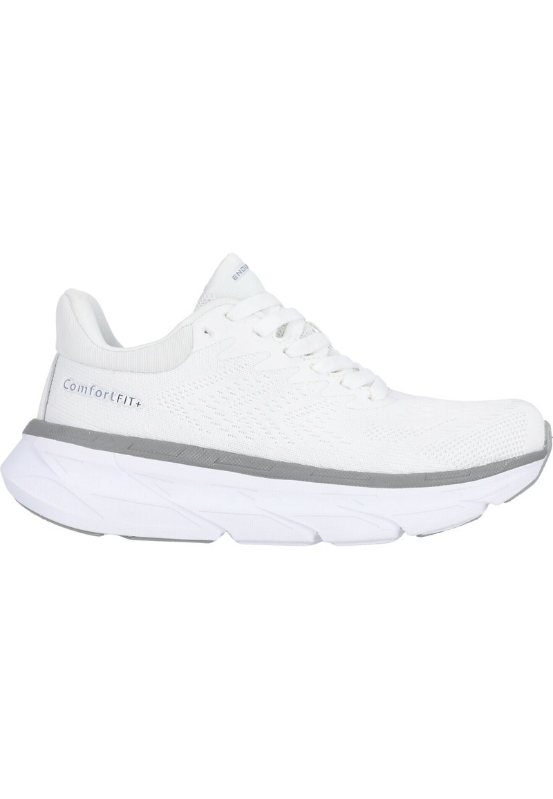 White athletic shoe with mesh upper, textured pattern, and gray accents. Features cushioned sole, round toe, and traditional lace closure.