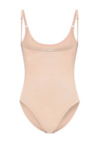 Nude bodysuit van gladde stof met dunne verstelbare schouderbanden, een ronde hals en een getailleerd ontwerp. Kenmerkt zich door een subtiele logo aan de bovenkant.
