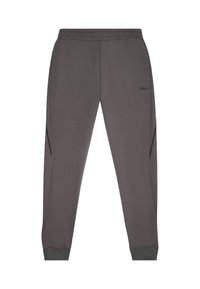 Pantalones de chándal grises hechos de un tejido suave, con cinturilla elástica, bolsillos laterales, puños acanalados y un pequeño logotipo en la cadera.