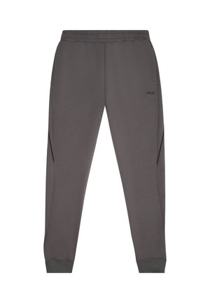 Pantaloni grigi in felpa morbida, dotati di una vita elastica, tasche laterali, polsini a coste e un piccolo logo decorativo sull'anca.