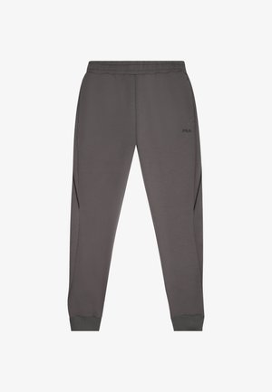 Pantalones de chándal grises hechos de un tejido suave, con cinturilla elástica, bolsillos laterales, puños acanalados y un pequeño logotipo en la cadera.