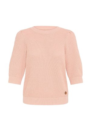 Rosa gestrickter Pullover mit rundem Halsausschnitt, drei Viertel-Ärmeln und gerippten Bündchen. Besitzt ein strukturiertes Muster und ein kleines Holz-Logo-Detail.