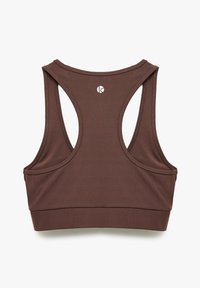 Brun sports BH med racerback-design, lavet af et glat, strækbart materiale. Har et lille logo på ryggen og en elastisk kant.