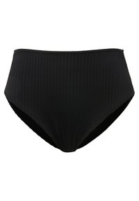 Costo alto in vita, parte inferiore di bikini nera con texture rigata. Presenta una finitura liscia e un taglio classico, adatto per l'abbigliamento da bagno.