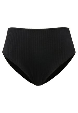 High-waisted black bikini bottom with a ribbed texture. Features a smooth finish and a classic cut, suitable for swimwear.