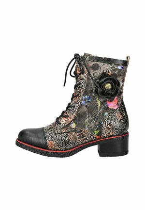 Lace-up ankle boot in black leather with a textured floral fabric upper, featuring colorful floral patterns and a black flower accent on the side.
