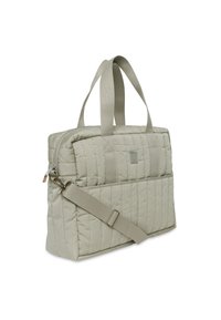 Gequilted grijze tote bag met dubbele handvatten en een verstelbare schouderriem. Bevat een platte voorkantzak en een ritsluiting.