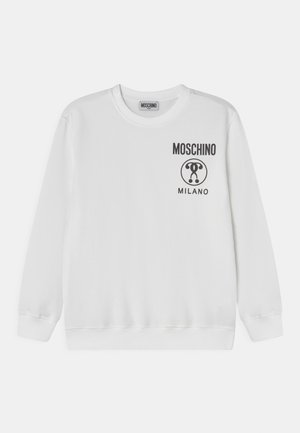 White sweatshirt featuring a crew neck, long sleeves, and a black graphic logo with the text "Moschino" and "Milano" on the front.