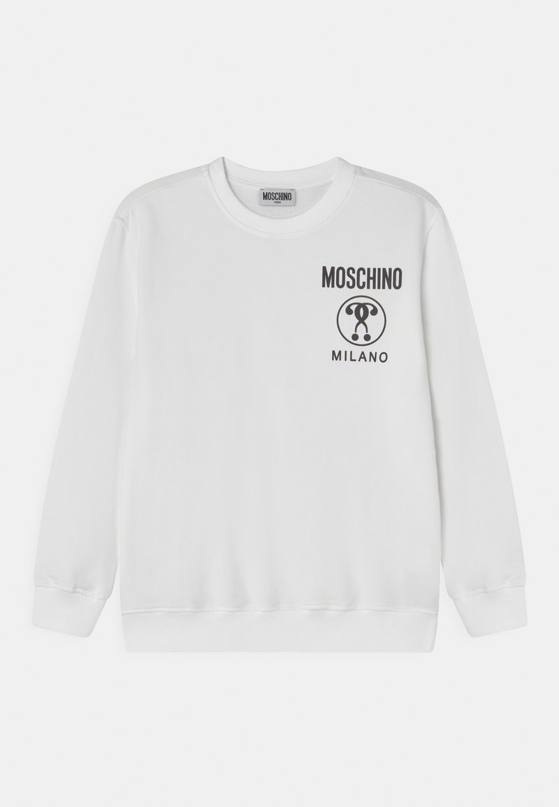 Weißer Sweatshirt mit Rundhalsausschnitt, langen Ärmeln und einem schwarzen grafischen Logo mit dem Text "Moschino" und "Milano" auf der Vorderseite.