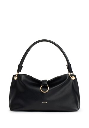 Borsa a tracolla in pelle nera con dettaglio ad anello dorato e manico corto, con marchio "MIRIADE" al centro davanti.