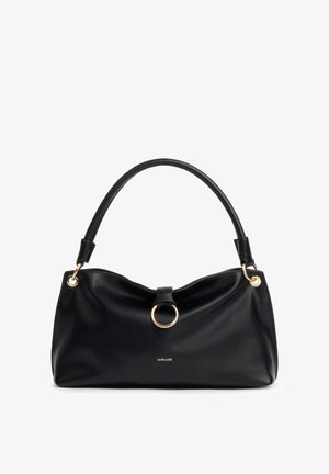 Sac à bandoulière en cuir noir avec détail anneau doré et poignée courte, marqué "MIRIADE" au centre avant.