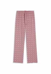 Lichtroze pyjamabroek met een herhalend wit patroon, elastische tailleband en een gestrikt trekkoord, met details van een geschulpte zoom.