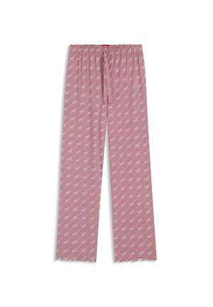 Ljusrosa pyjamasbyxor med ett upprepande vitt mönster, elastisk midja och en knytband, med scallopade fållar.