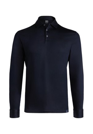 Polówka z długim rękawem w granatowym kolorze, z klasycznym kołnierzykiem, trzema guzikami i gładką tkaniną z mieszanki bawełny.