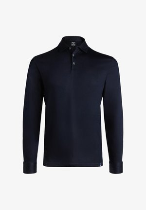 Polówka z długim rękawem w granatowym kolorze, z klasycznym kołnierzykiem, trzema guzikami i gładką tkaniną z mieszanki bawełny.
