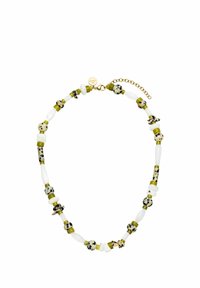 Perlenkette mit weißen, grünen und schwarzen gemusterten Perlen sowie goldenen Akzenten. Glatte und strukturierte Variationen in den Perlenformen.