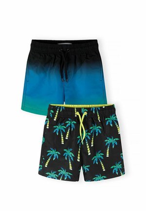 Dwie pary kąpielówek, jedna z gradientem od czarnego do niebieskiego i czarnym sznurkiem, druga czarna z niebieskimi i zielonymi palmami oraz żółtym sznurkiem.