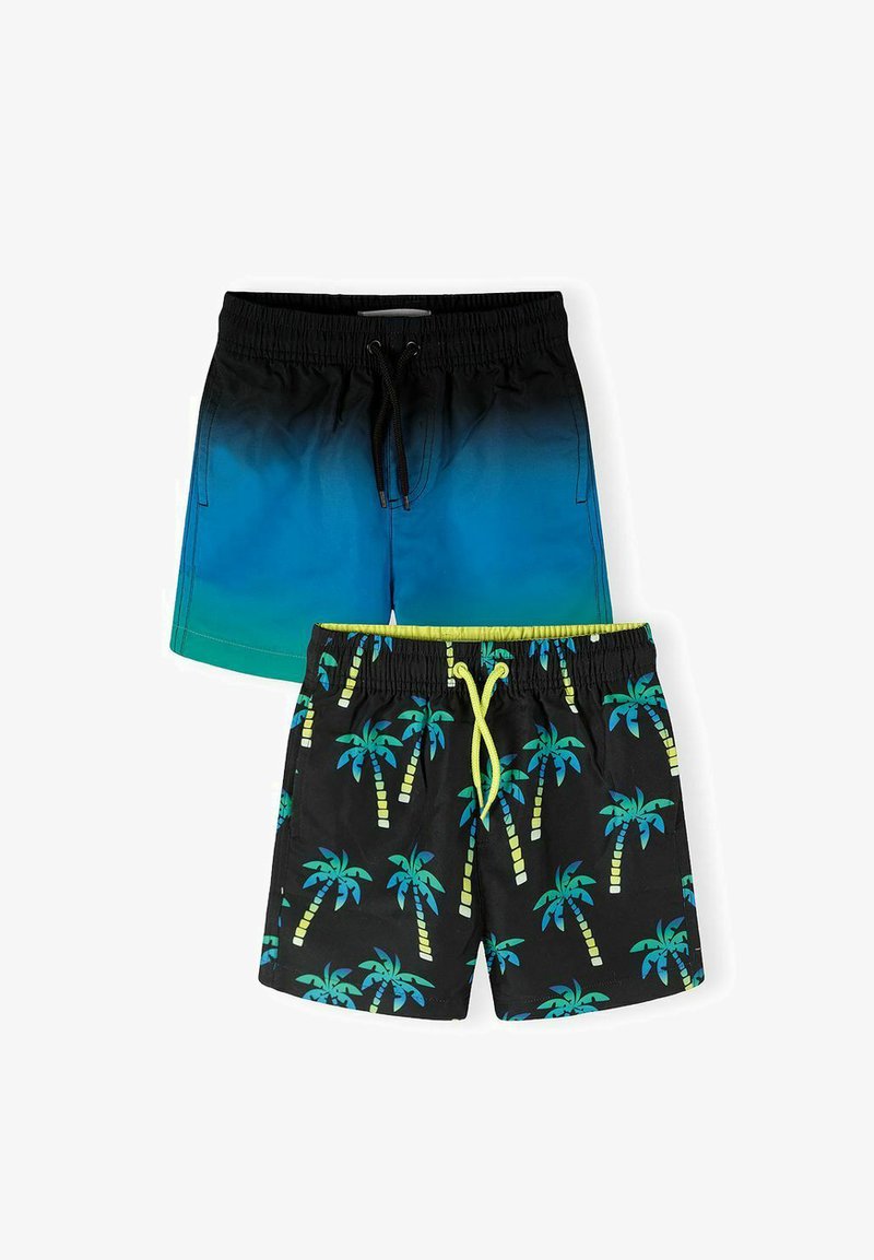 Deux paires de shorts de bain, l'une avec un dégradé du noir au bleu et un cordon noir, l'autre noire avec des palmiers bleus et verts et un cordon jaune.