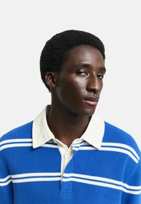 Blauw gestreepte polo shirt met een witte kraag, ribbelstructuur, met witte horizontale strepen over de borst.