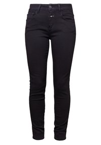Jeans neri elasticizzati a vestibilità slim, con cinque tasche, chiusura con bottone e zip frontale, e dettagli di cucitura discreti lungo le cuciture.