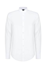 Biała koszula z długim rękawem i kołnierzykiem zapinanym na guziki, charakteryzująca się gładką fakturą oraz prostym krojem, z zapięciem na guziki z przodu.