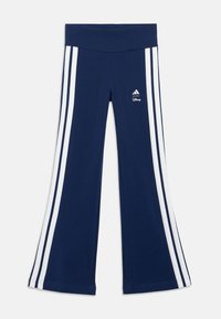 Σκούρα μπλε φαρδιά παντελόνια με λευκές ρίγες στο πλάι, λογότυπα Adidas και Disney στο πάνω μέρος του ποδιού, ελαστική μέση.