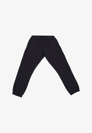 Black sweatpants with an elastic waistband, tapered legs, and ribbed cuffs. Made from soft fabric, featuring a subtle logo detail.