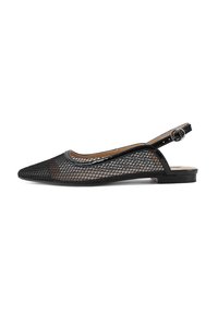 Ballerine slingback in rete nera con punta affusolata. Presenta una sottile fascia con fibbia e una suola piatta. Design trasparente e texture.