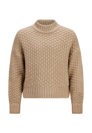 Maglione beige lavorato a maglia con colletto e orlo a coste, caratterizzato da un motivo testurizzato su tutta la superficie e maniche a spalla cadente per una vestibilità rilassata.