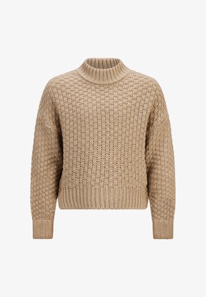 Beige gestrickter Pullover mit geripptem Kragen und Saum, der ein strukturiertes Muster besitzt und überschnittene Schultern für eine lässige Passform aufweist.