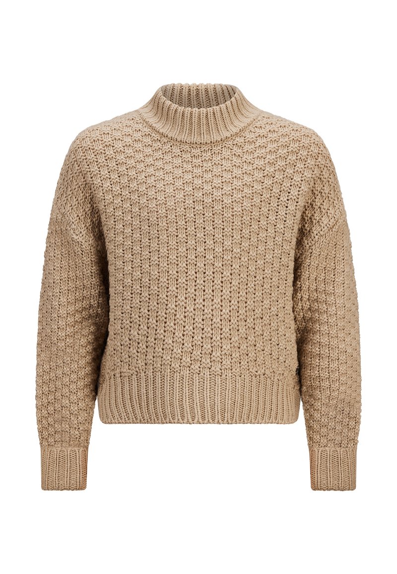 Beige gestrickter Pullover mit geripptem Kragen und Saum, der ein strukturiertes Muster besitzt und überschnittene Schultern für eine lässige Passform aufweist.