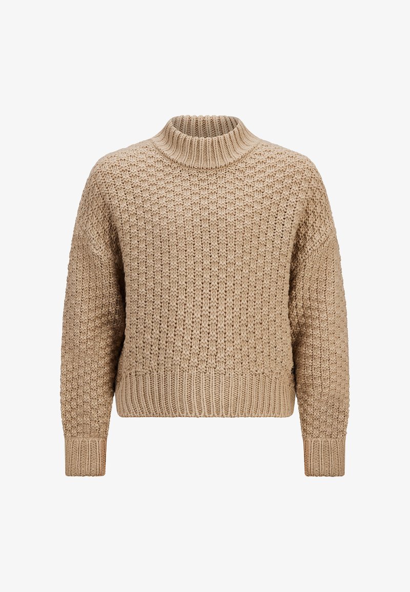 Beige gestrickter Pullover mit geripptem Kragen und Saum, der ein strukturiertes Muster besitzt und überschnittene Schultern für eine lässige Passform aufweist.