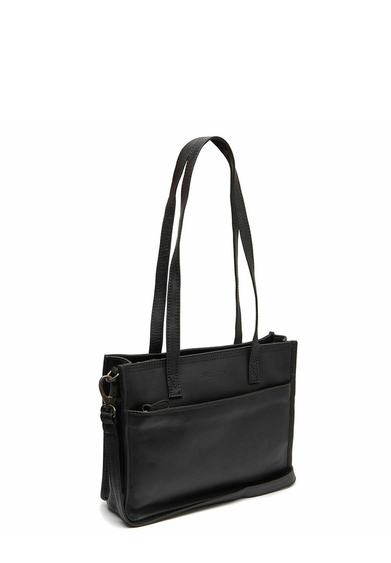 Borsa tote in pelle nera con doppi manici, tasca frontale con zip e forma rettangolare su uno sfondo bianco.