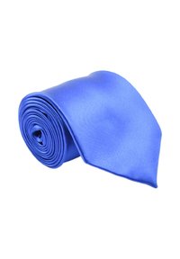 Cravatta di raso blu, arrotolata, con una superficie liscia e un'estremità a punta. Colorazione uniforme, senza motivi o elementi hardware visibili, design semplice ed elegante.