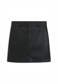 Black leather mini skirt with a fitted design, featuring a front zipper, belt loops, and clean stitching. Smooth texture with a sleek finish.