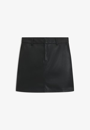 Black leather mini skirt with a fitted design, featuring a front zipper, belt loops, and clean stitching. Smooth texture with a sleek finish.