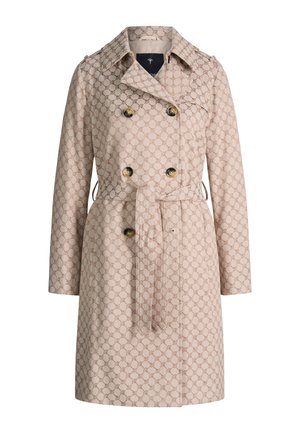 Trench-coat beige à double boutonnage avec ceinture et motif répétitif de chaînes circulaires, doté d'un large col et de six boutons noirs.