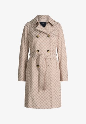 Trench-coat beige à double boutonnage avec ceinture et motif répétitif de chaînes circulaires, doté d'un large col et de six boutons noirs.