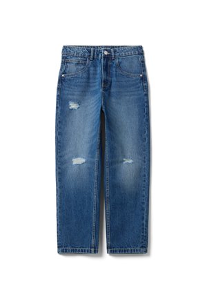 Vaqueros de denim azul con corte recto en la pierna, ligera decoloración y pequeñas áreas desgastadas en la parte frontal de los muslos.