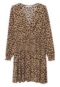 Robe imprimée léopard en marron et noir, avec un décolleté en V profond, de longues manches bouffantes et une taille smockée qui se prolonge en une jupette évasée.