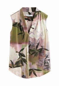 Ærmeløs bluse i multicolor blomsterprint, med en indpakningsdesign, blødt stof og en buet kant. Farverne inkluderer grøn, pink og hvid.