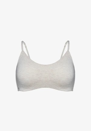 Jasnoszary bezszwowy biustonosz bezprzewodowy z cienkimi regulowanymi ramiączkami i gładką tkaniną.