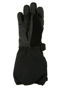 Sorte hansker med teksturert overflate og glatt håndflate. Justerbar håndleddsrem. Laget av vanntett materiale, designet for bruk i kaldt vær.