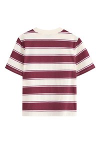 Kortærmet T-shirt med en afslappet pasform, der har bordeaux og hvide vandrette striber samt en ribbet rund halsudskæring. Blødt bomuldsstof.