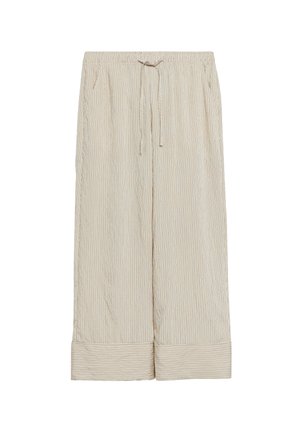Beżowe spodnie z szerokimi nogawkami z cienkimi pionowymi paskami, elastycznym paskiem w talii, regulowanym sznurkiem, bocznymi kieszeniami i szerokimi mankietami u dołu.