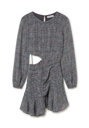 Vestido corto de manga larga con patrón abstracto en gris y rosa, corte en la cintura lateral y detalles de falda asimétrica con volantes.