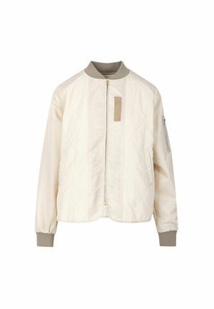 Lichtbeige gewatteerde bomberjack met een ritssluiting aan de voorkant, geribde kraag en manchetten, en een patchzak op de linker mouw.