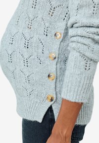 Helle graue Strickpullover mit einem Blättermuster, fünf Holzknöpfen an der Seite und gerippten Bündchen mit seitlichen Schlitzen am Saum.